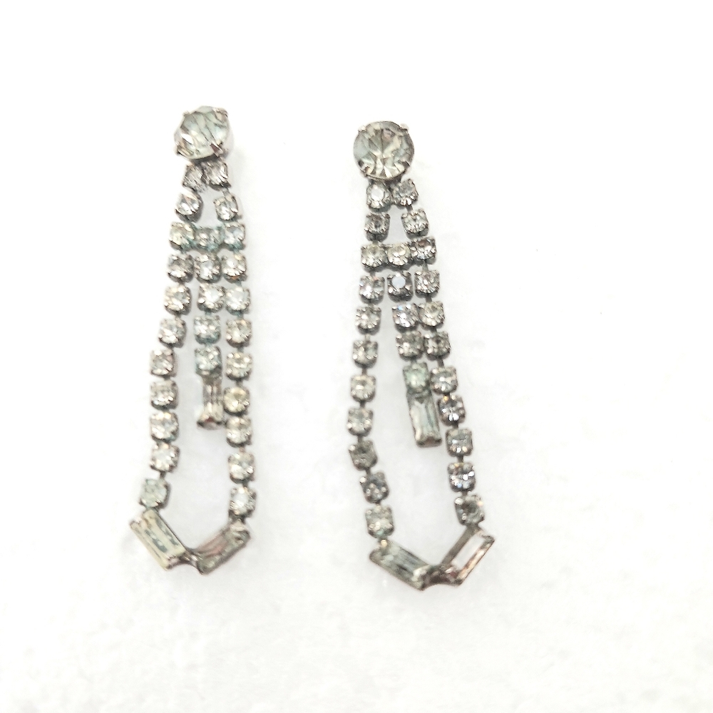 Earrings Rhinestone Drop Dangle Vintage Single Set Foil Silver Tone Backing